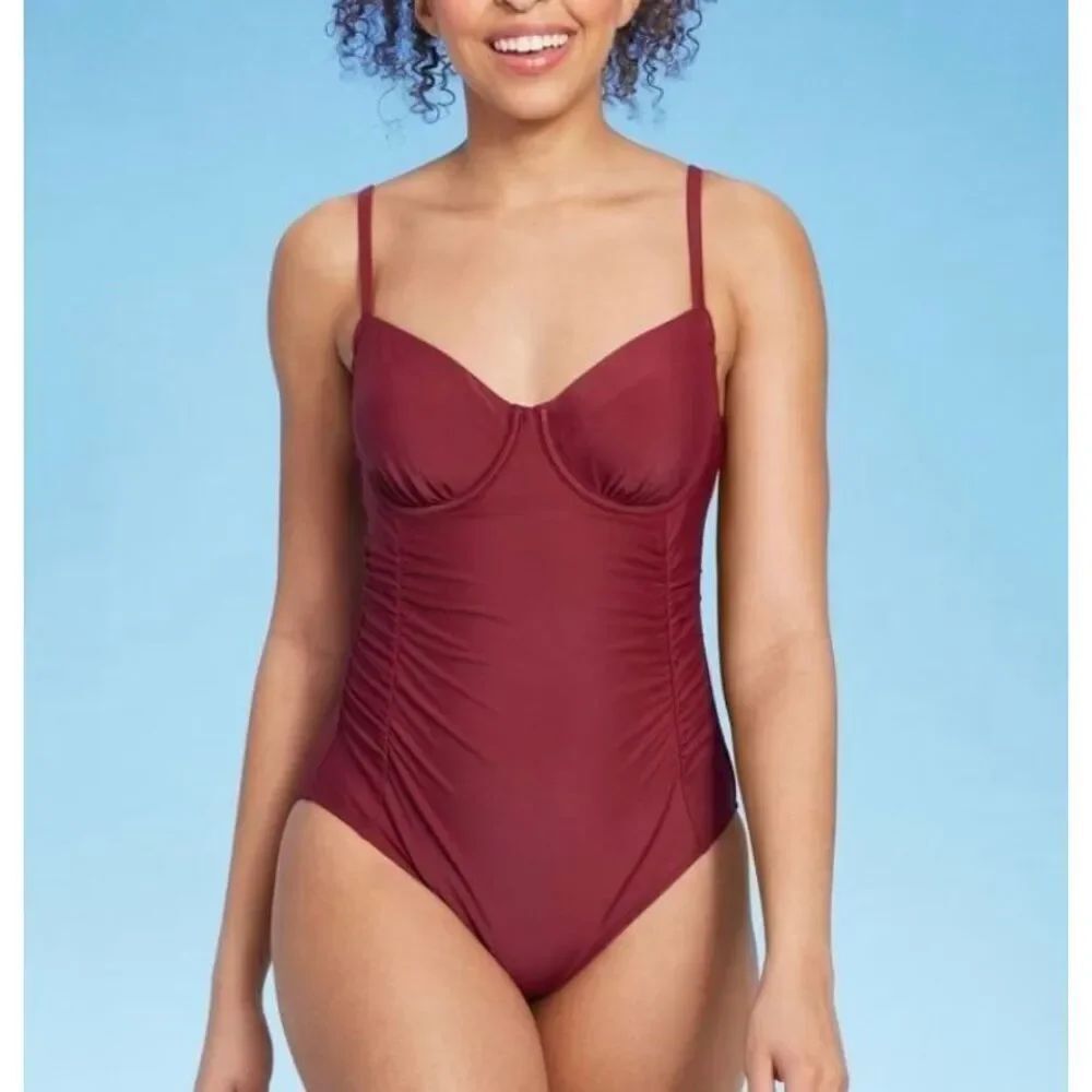 Shade & Shore red Balconette bra ruched onepiece swimsuit size M 8/10